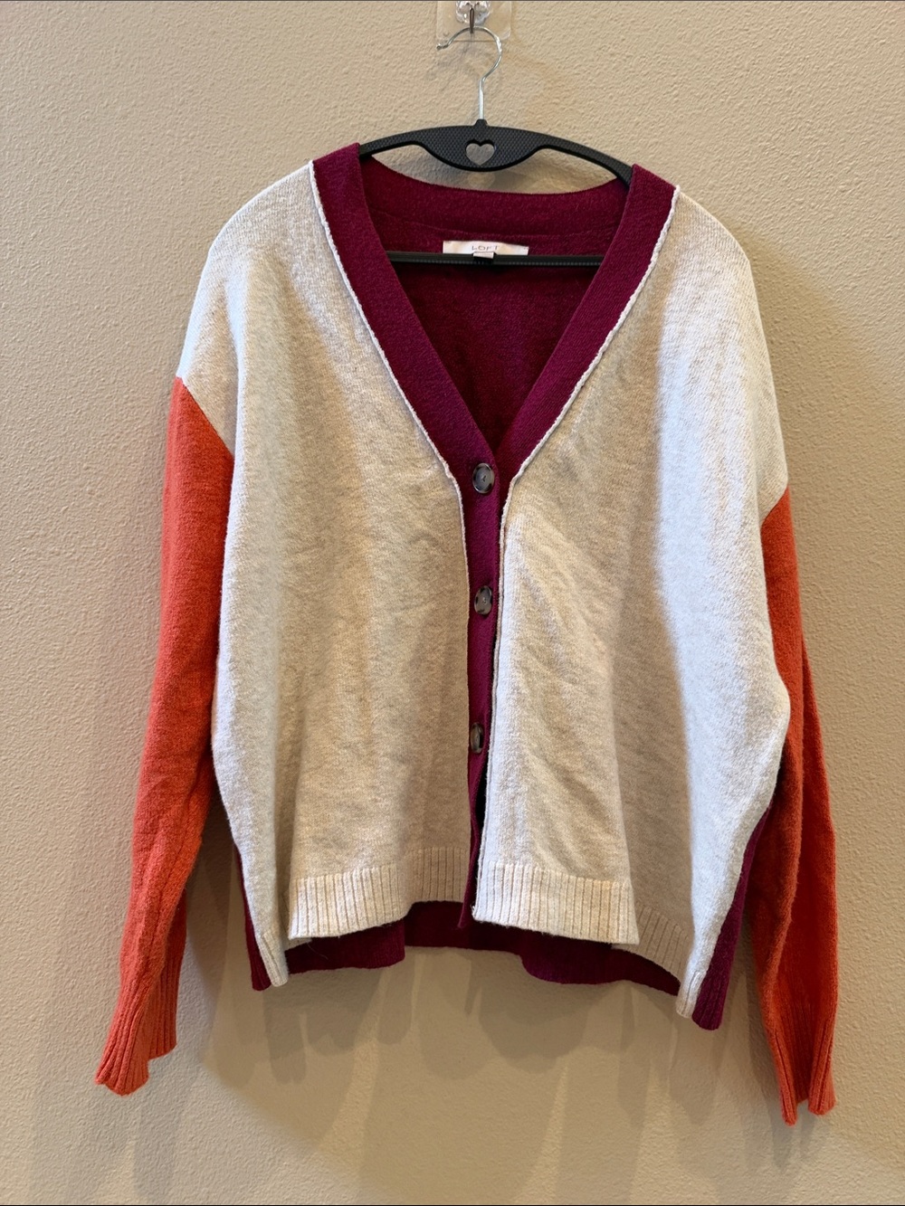 Loft Colorblock V-Neck Button Front Sweater Cardigan - Cream, Burgundy & Orange